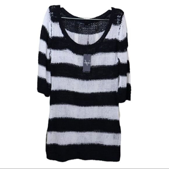 Vertigo Black & White Stripe Loose Open Knit Tunic Sweater Size M New - Picture 1 of 6